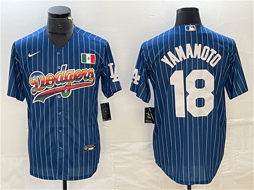 Men's Navy Los Angeles Dodgers #18 Yoshinobu Yamamoto Cool Base With Patch Stitched Baseball Jersey